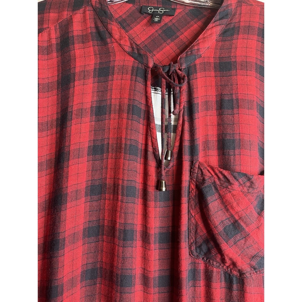 Jessica Simpson Women's Top 2X Long Sleeve Plaid Contrasting Print Tie Neck - Picture 4 of 4